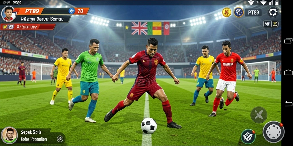 Tampilan antarmuka PT89 yang menampilkan aksi sepak bola yang mendebarkan.